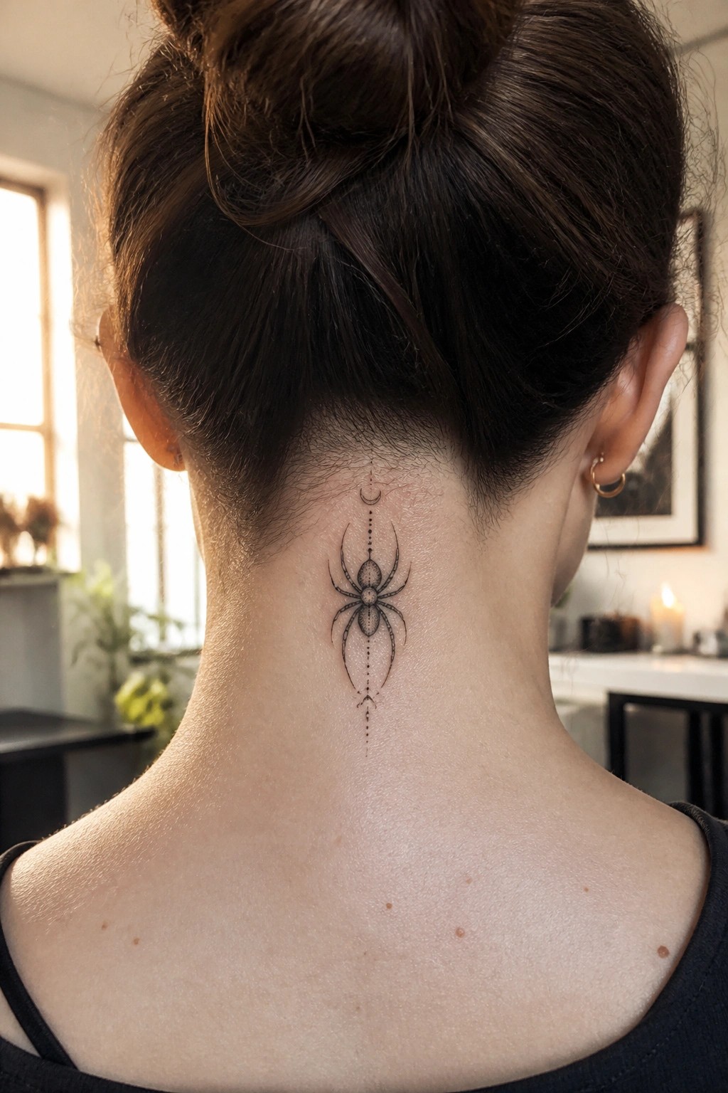 Fine line spider tattoo on the back of a woman's neck with dotted lines and a small crescent above it.