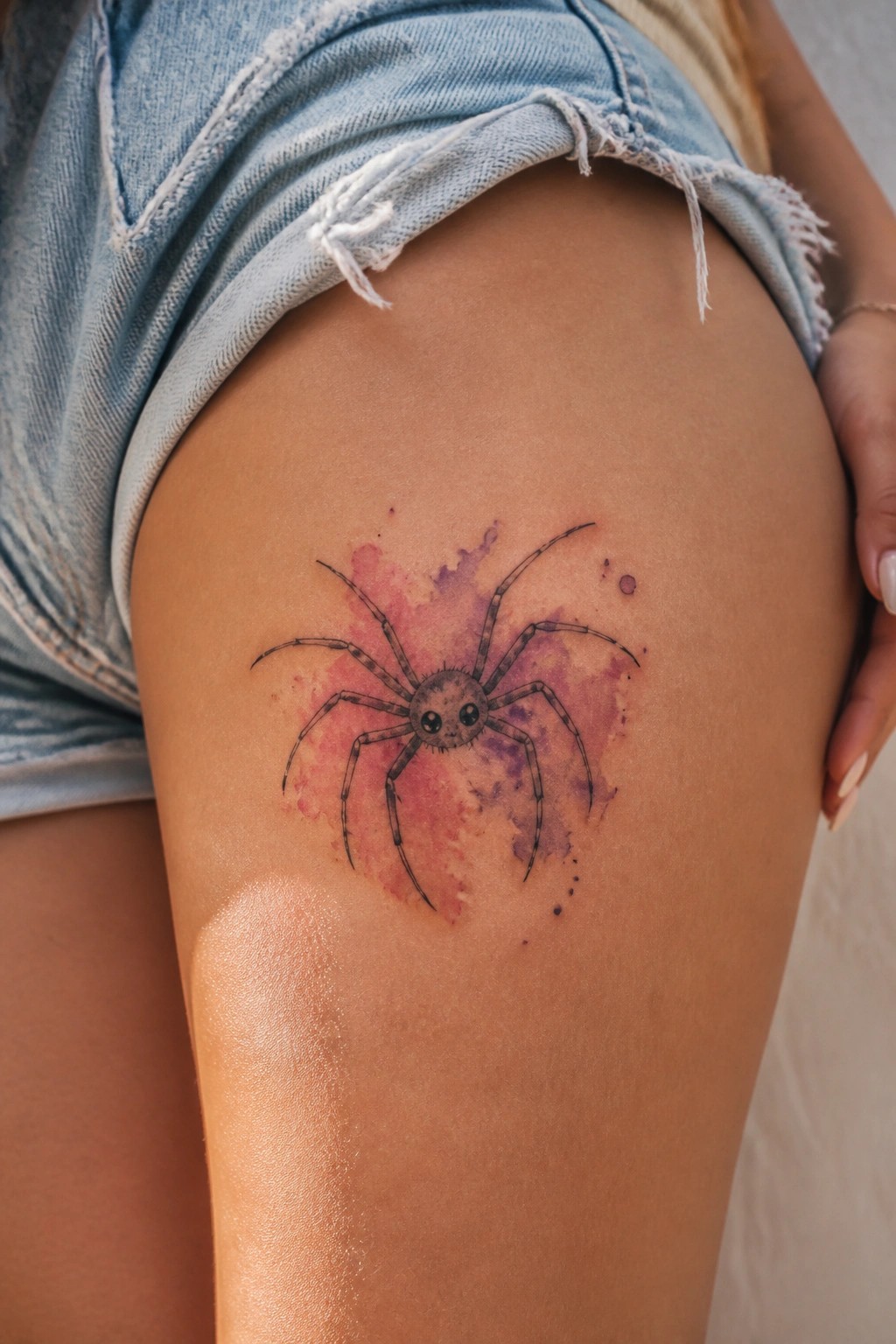 Spider tattoo with pink-purple watercolor on thigh under frayed denim shorts