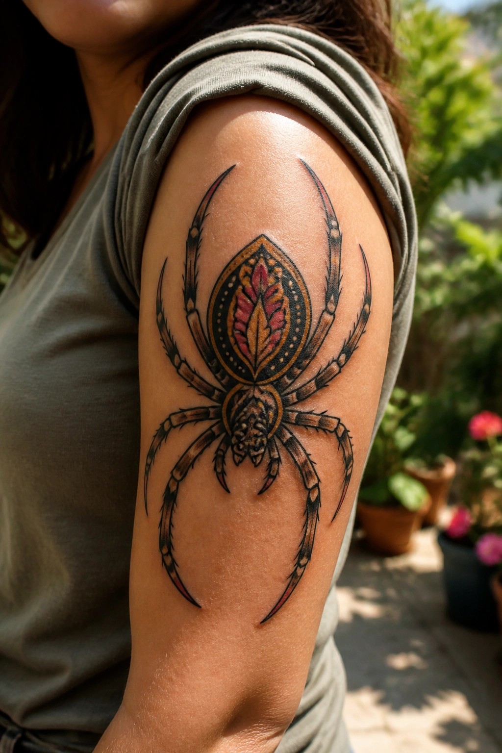 Colorful spider tattoo with pink leaf motif on upper arm in olive shirt