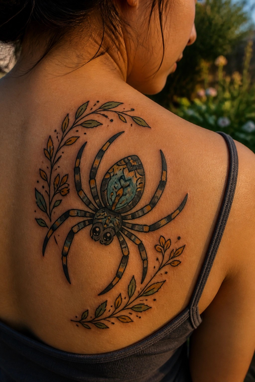 Vibrant spider tattoo with leafy vines on woman's upper back and shoulder