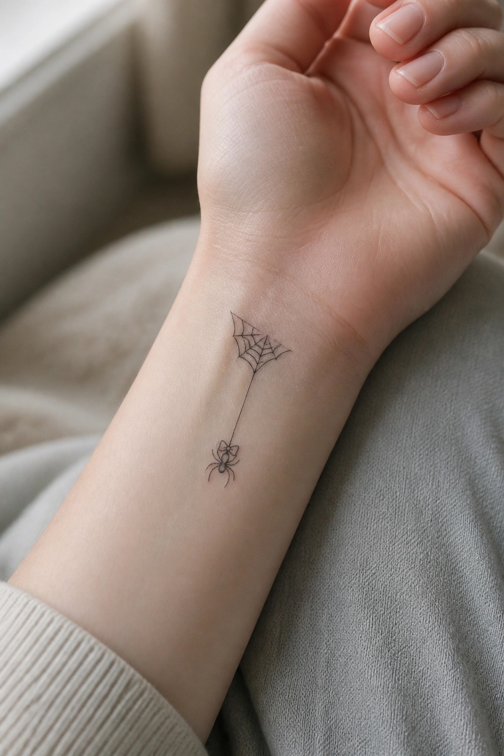 Minimalist spider web tattoo with bow-adorned spider on wrist above beige sweater.