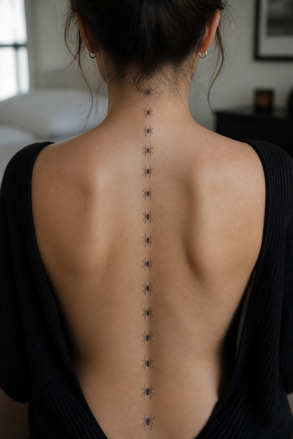 Woman's back with open black top and row of spider tattoos along spine