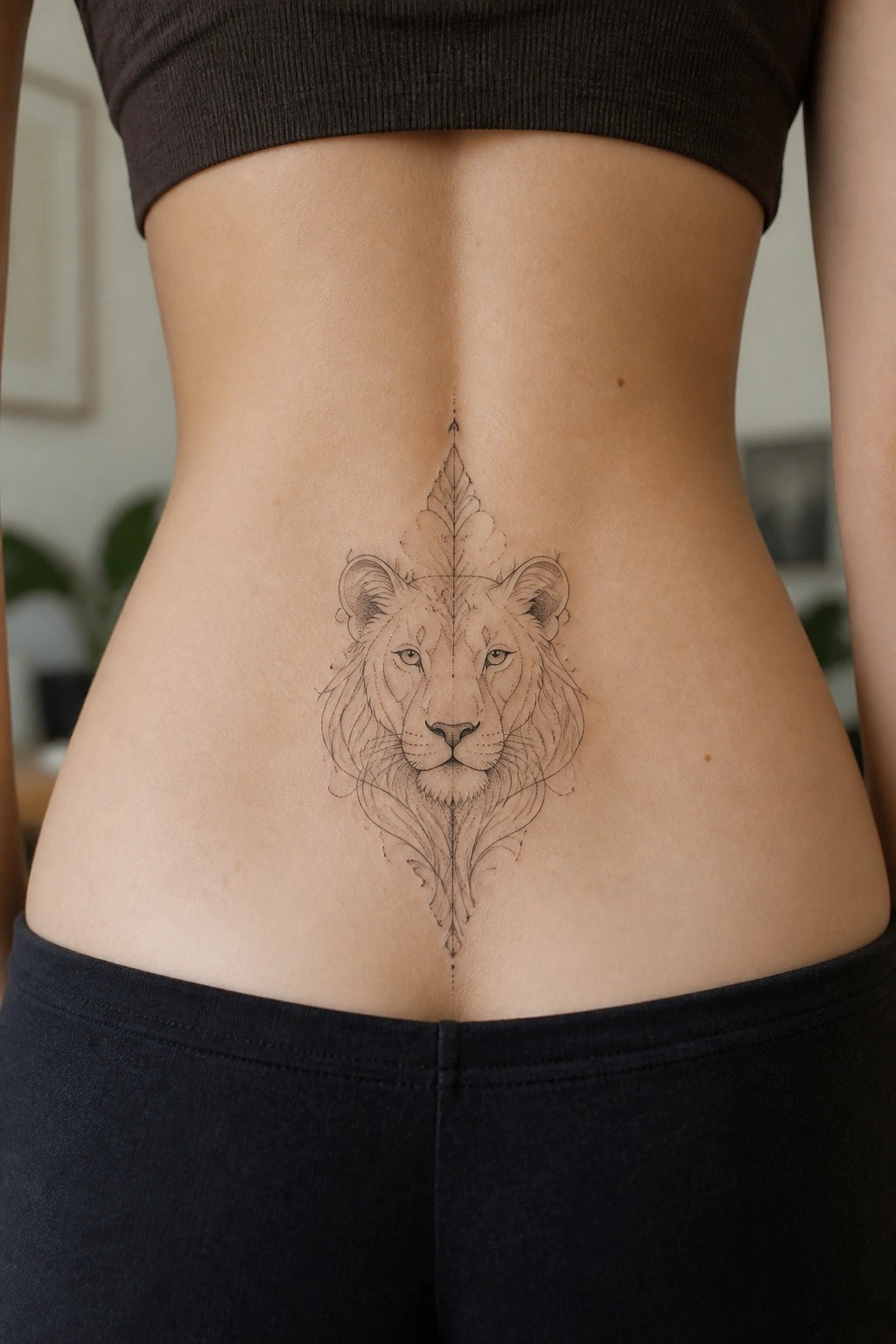 Symmetrical lion tattoo with leaf motifs on lower back above black waistband