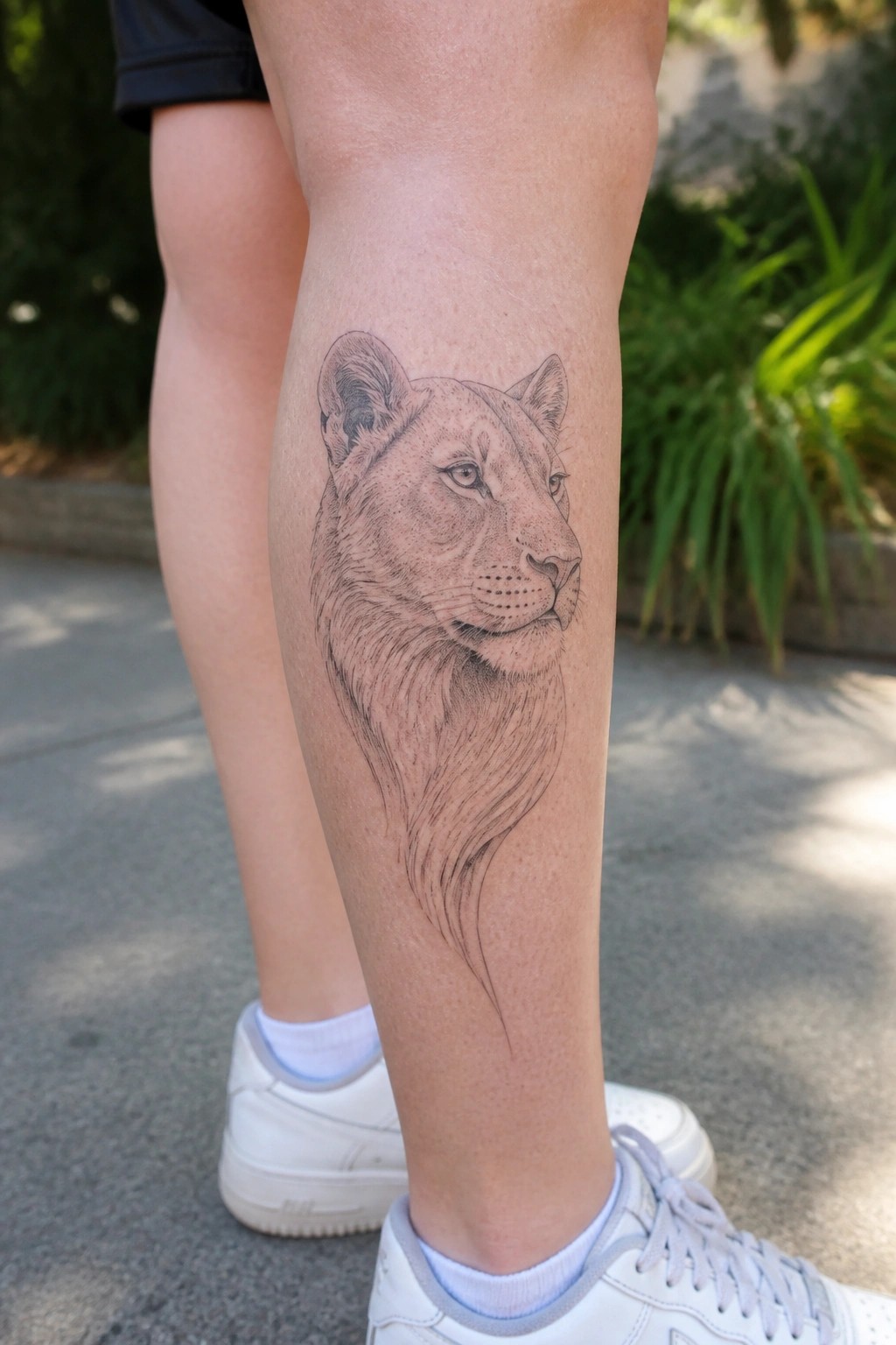 Fine line black and grey lioness tattoo on the shin, showing the head and flowing mane lines.