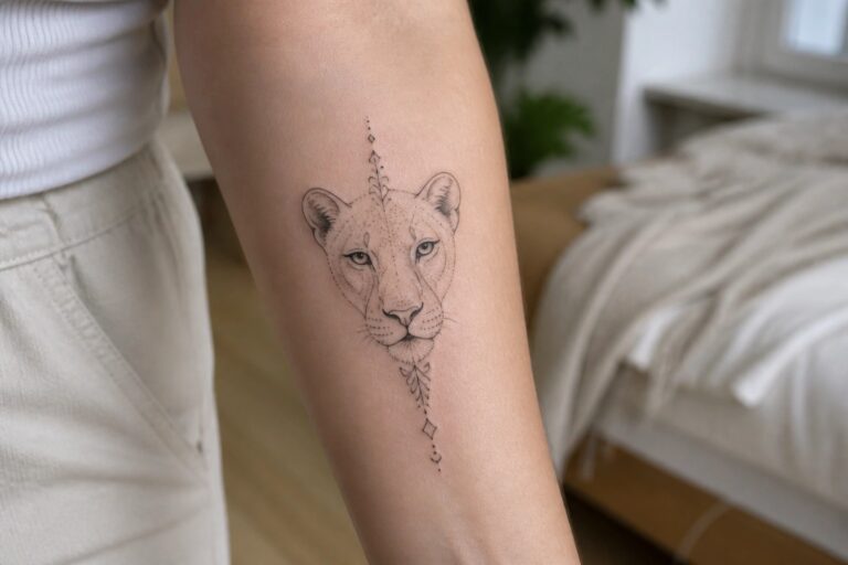 19 Elegant Fine Line Lioness Tattoo Designs for Women Who Want Soft Detailed Ink Minimalist lioness tattoo with leaves and celestial motifs on forearm