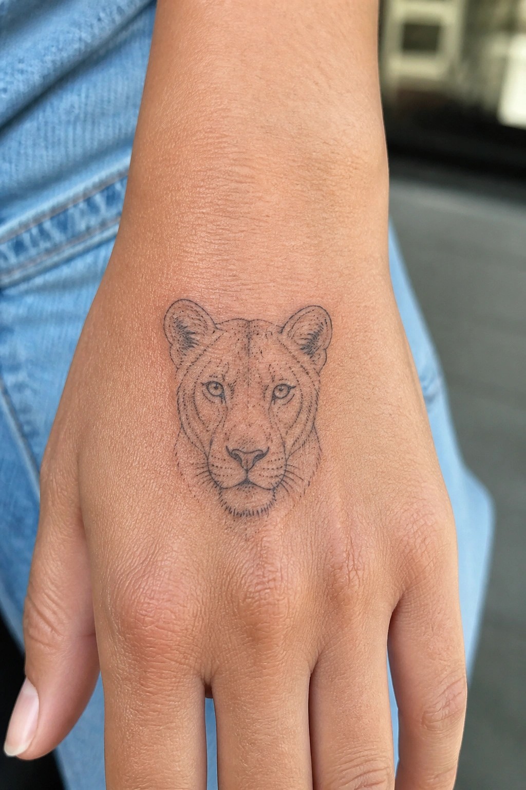 Fine line lioness face tattoo on the inner wrist