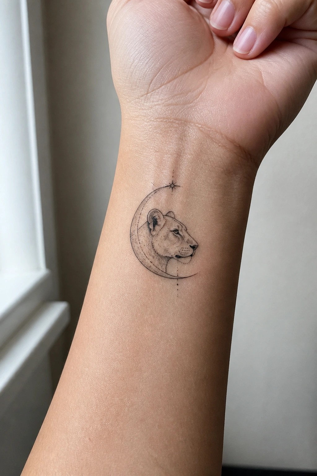 Fine line lioness head inside a crescent moon with a star above it on the inner wrist