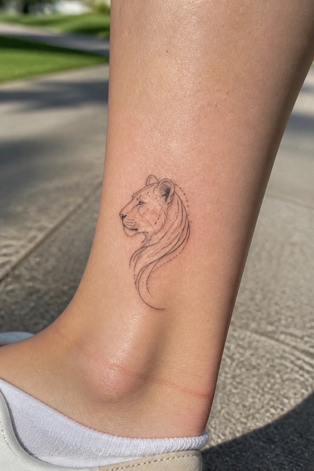 Line drawing lioness tattoo on ankle above white sock and shoe.