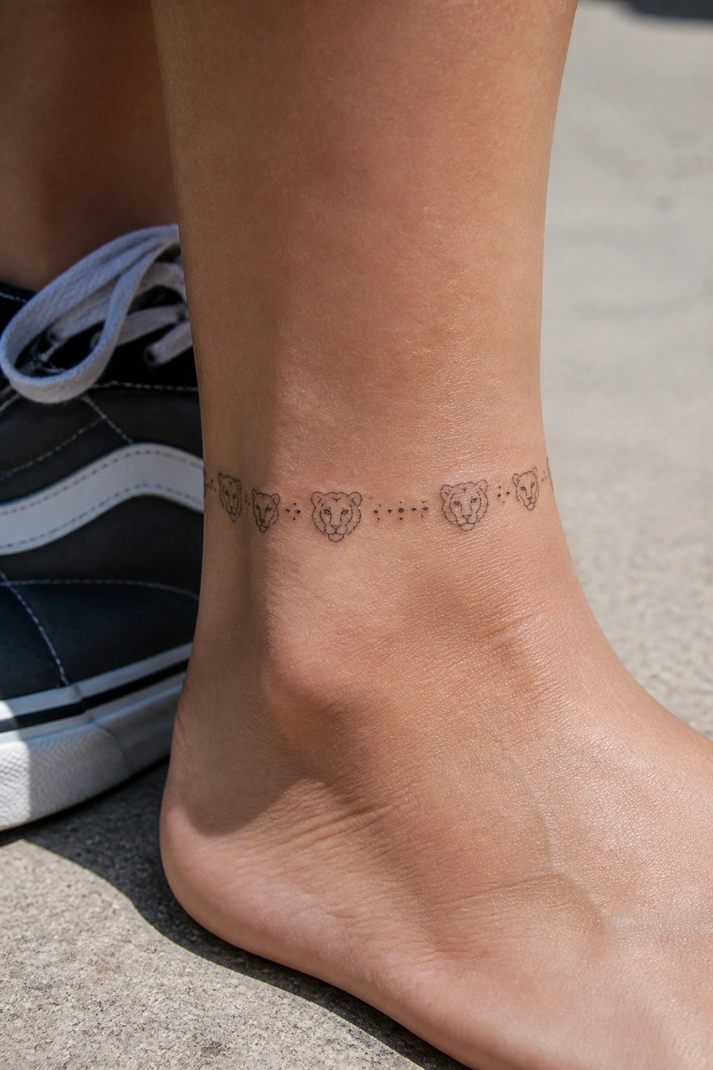 Ankle tattoo of five lion faces linked by dotted lines beside a sneaker.