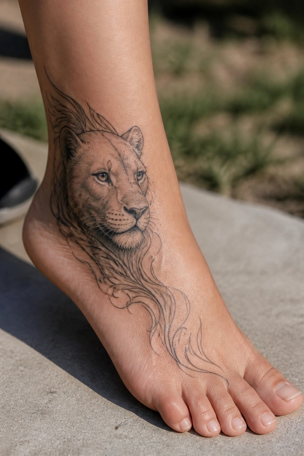 Lion tattoo with flowing mane on ankle and bare foot on stone surface