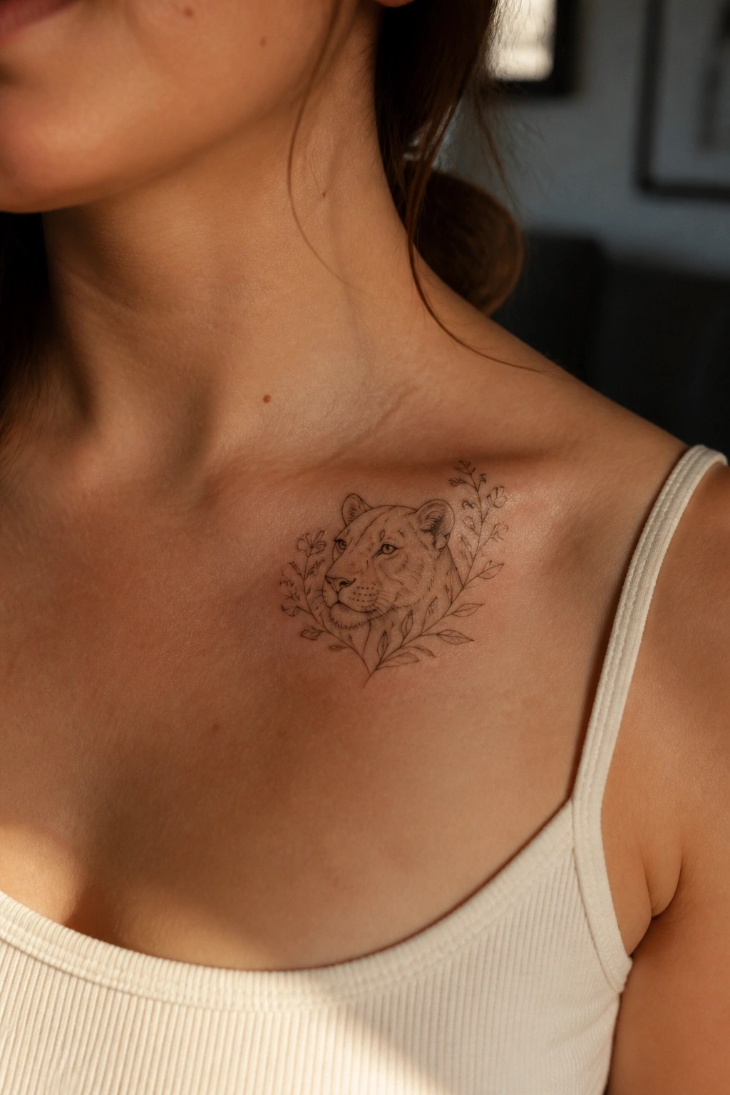 Woman's collarbone with lioness and floral tattoo above white tank top