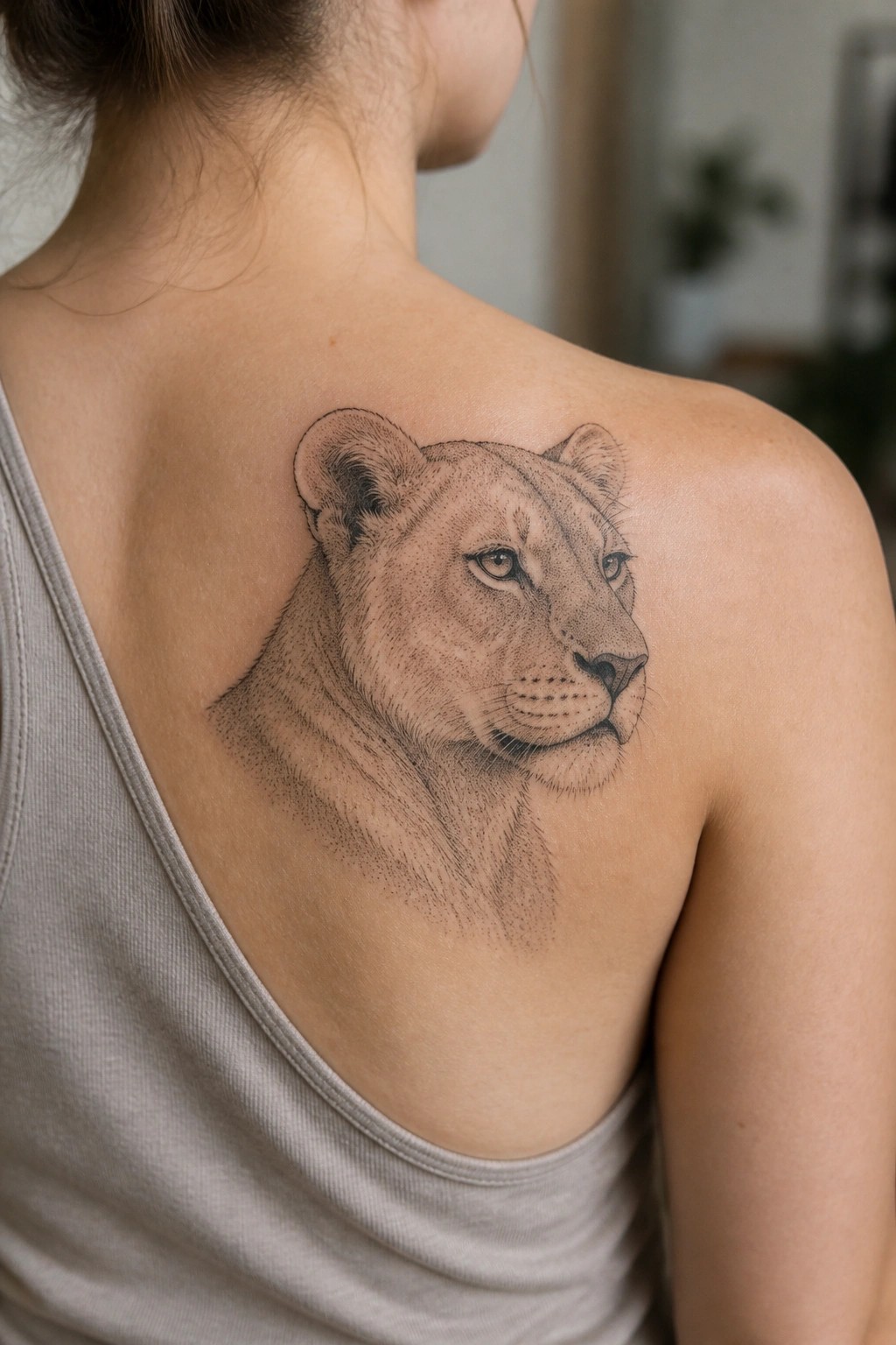 Detailed lioness tattoo on shoulder of woman in gray tank top
