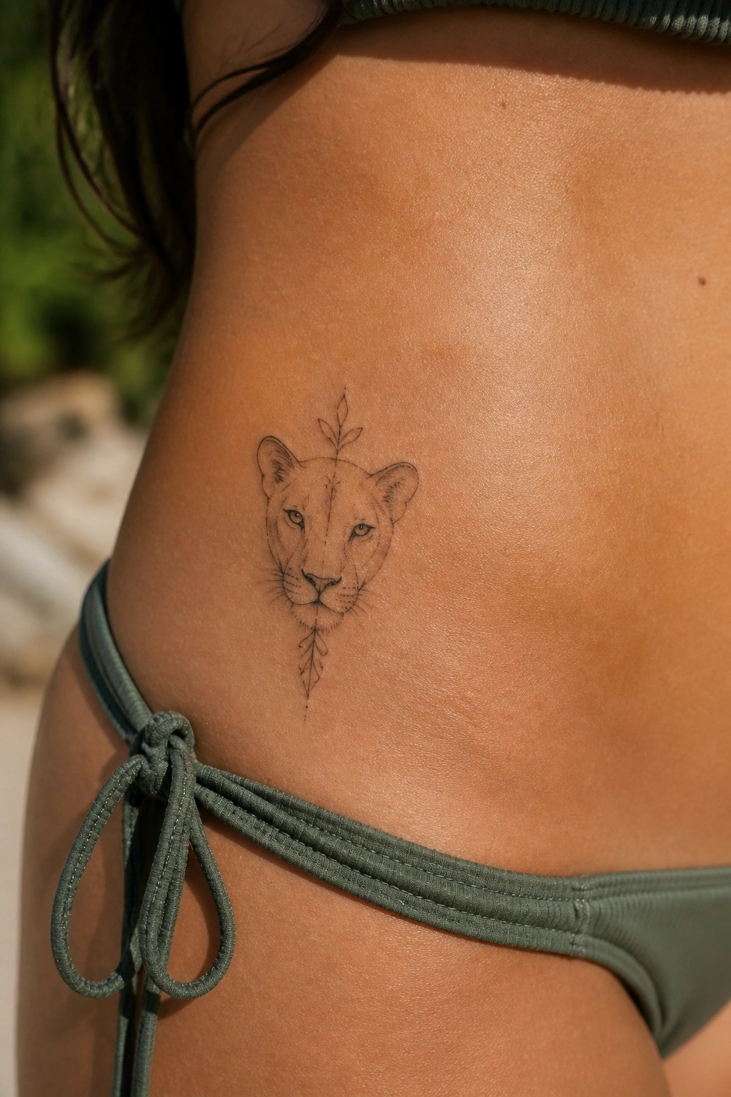 Lioness face tattoo with leaves on hip above green bikini tie