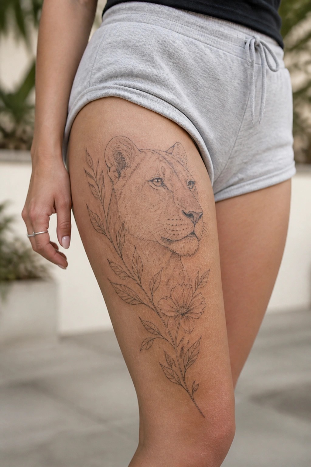 Person's thigh with lioness tattoo and floral vines, wearing gray shorts.