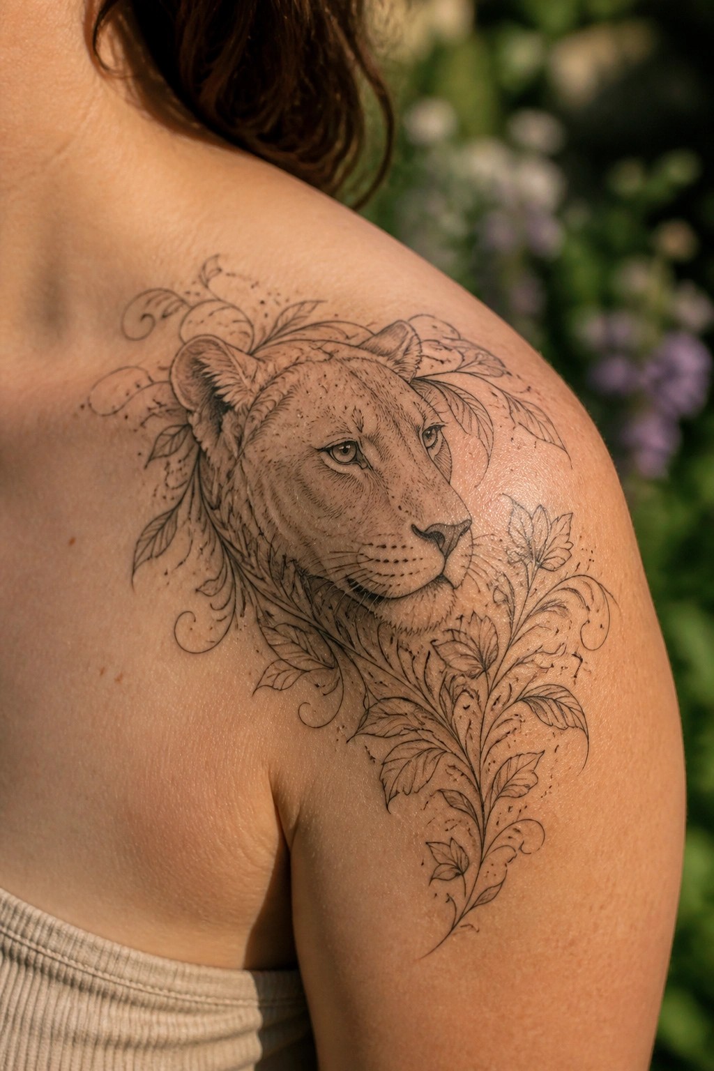 Fine line lioness head with surrounding leaves and vines tattooed on a woman's shoulder