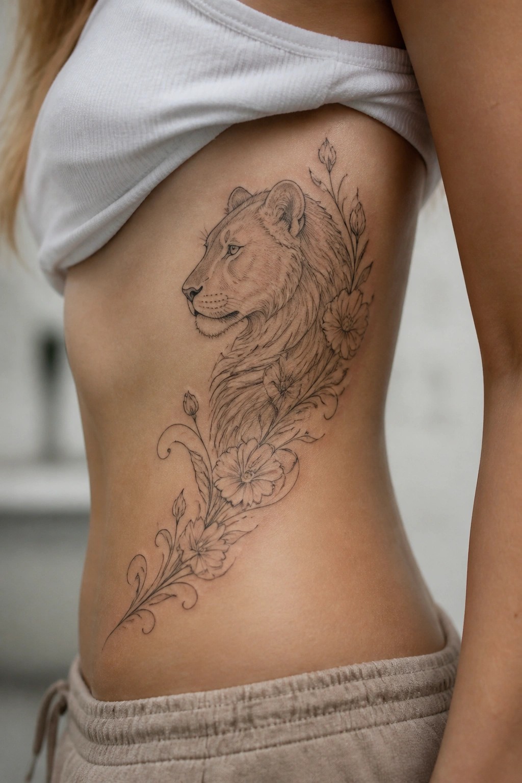 Lioness tattoo with flowers on side under lifted white crop top.