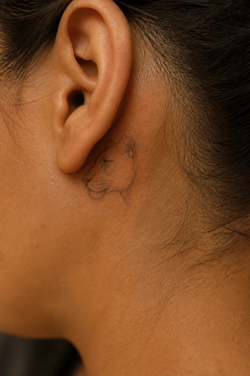 Lioness tattoo behind ear on brown skin with dark hair visible