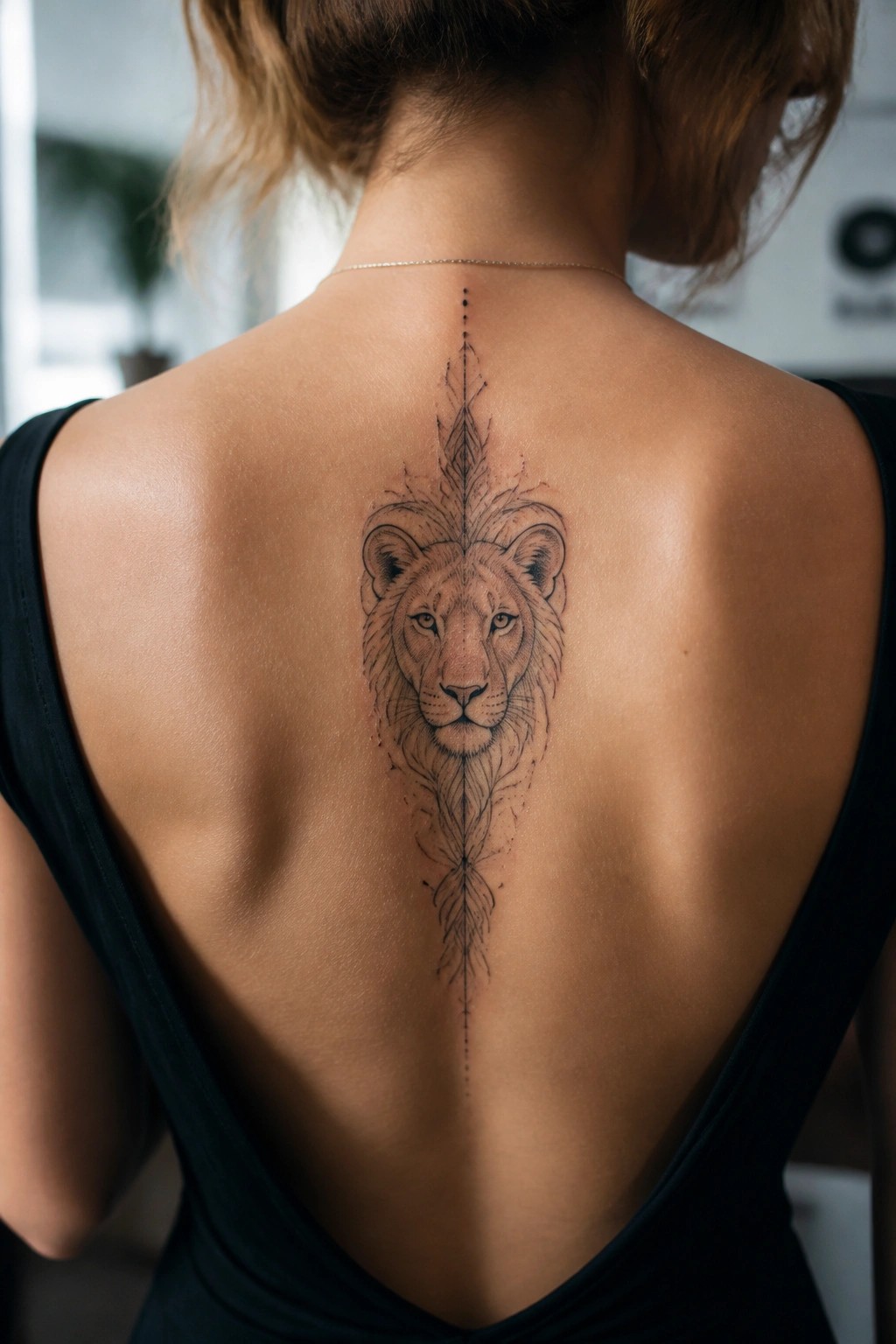 Fine line lioness tattoo placed vertically along the spine on a woman's upper back with symmetrical feather details extending above and below the face.