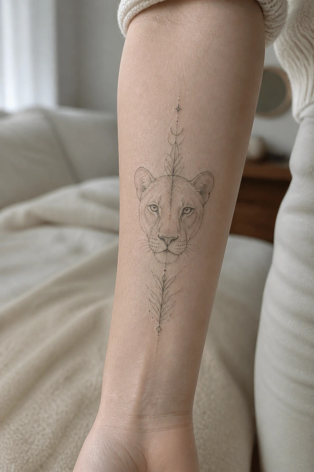 Minimalist lioness tattoo with leaves and celestial motifs on forearm