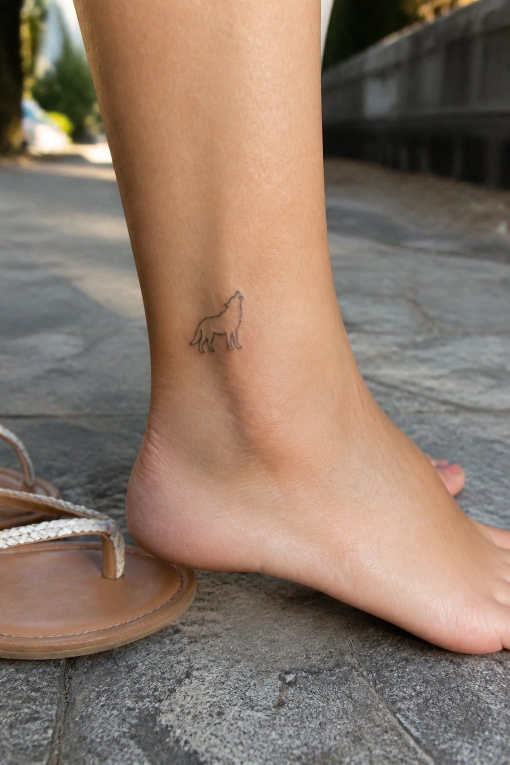 Wolf tattoo on ankle above bare foot beside brown sandal on pavement