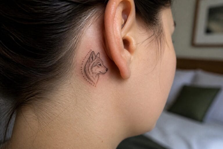 Woman's ear with wolf-head tattoo and dotted line on neck skin