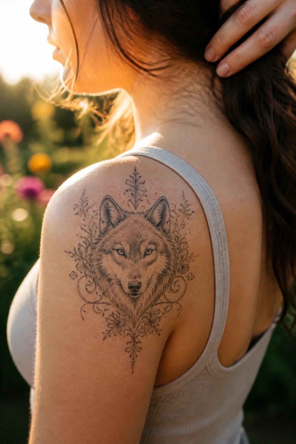 Woman in white tank top with detailed wolf and floral shoulder tattoo outdoors
