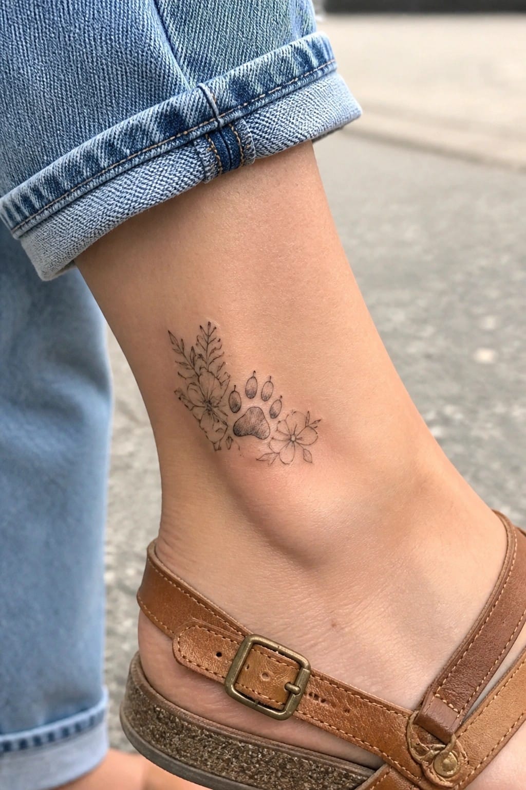 Floral paw print tattoo on ankle above brown buckled sandal and cuffed jeans