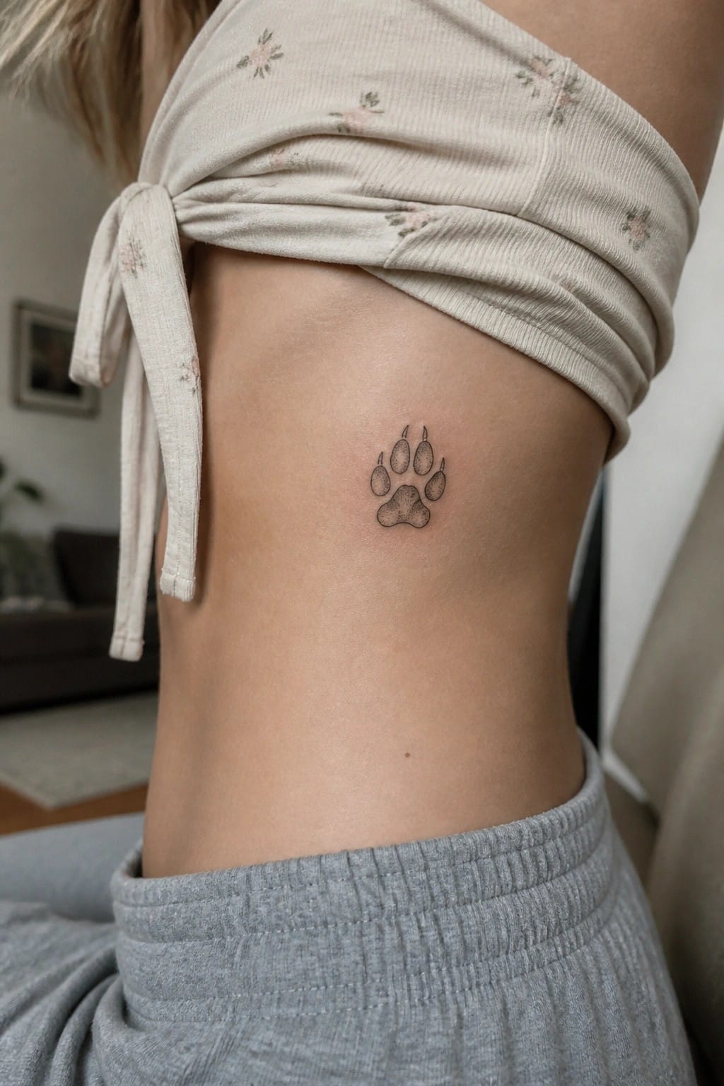 Small paw print tattoo on side of torso under tied beige floral top