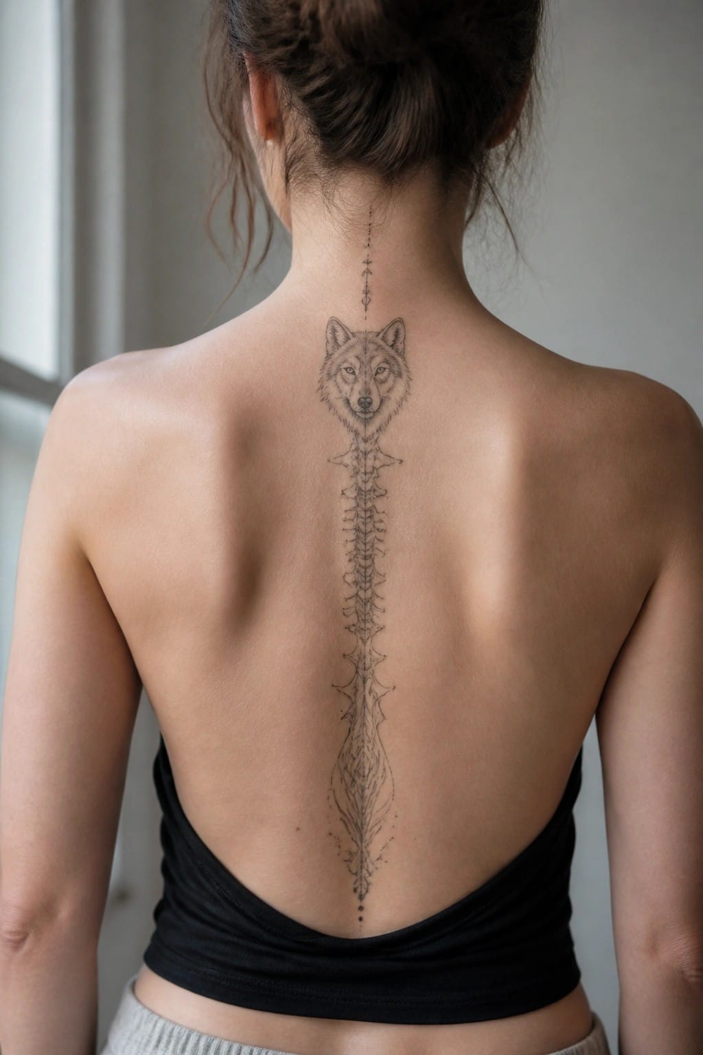 Fine line tattoo of a wolf head above a long spine design running down a woman’s back.