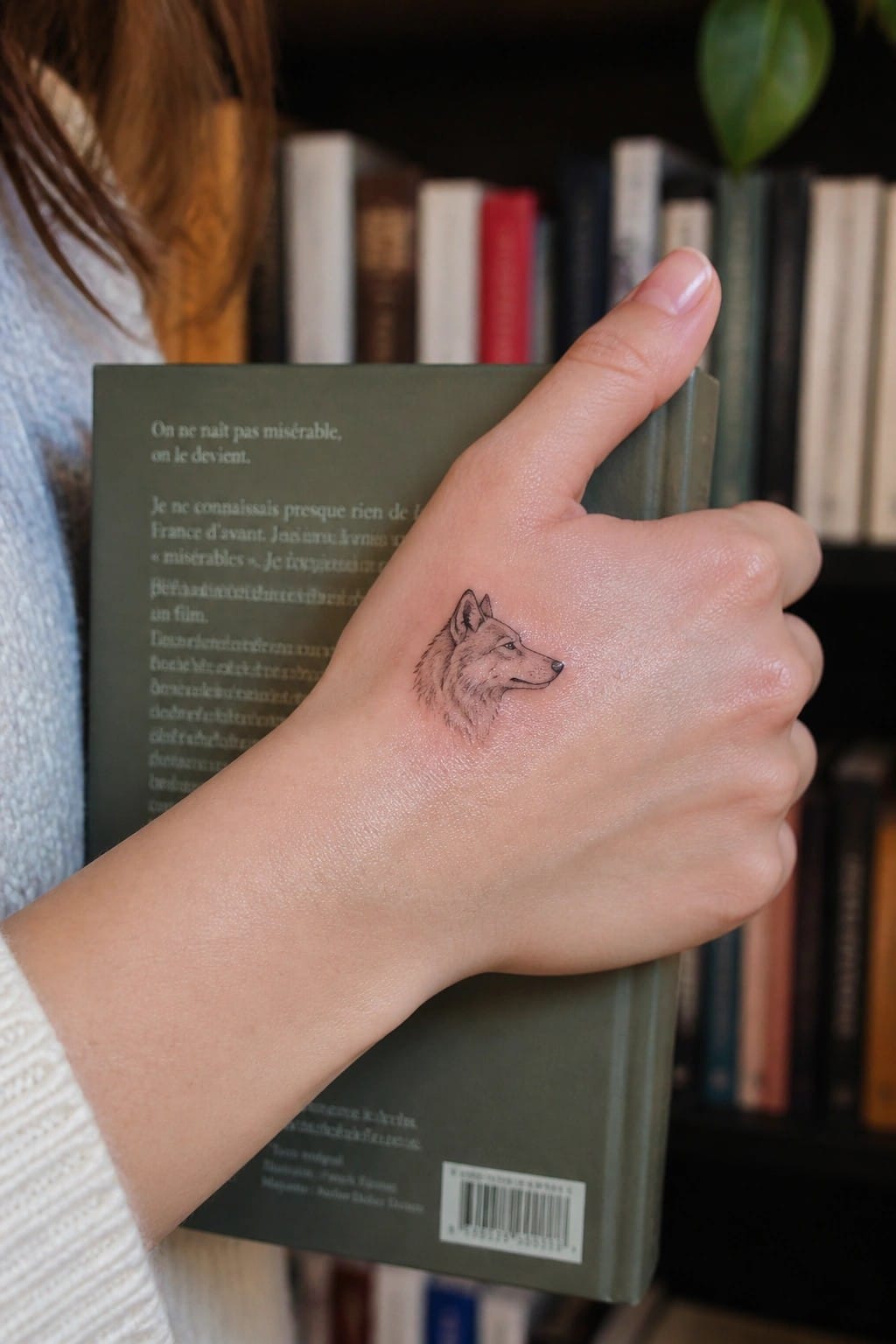 Hand with wolf tattoo holding dark green book against bookshelf background