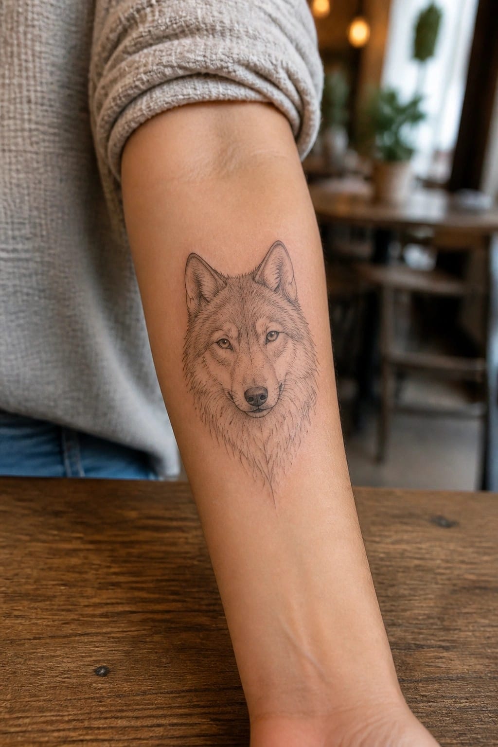 Fine line wolf head tattoo centered on the inner forearm with soft shading and detailed fur.