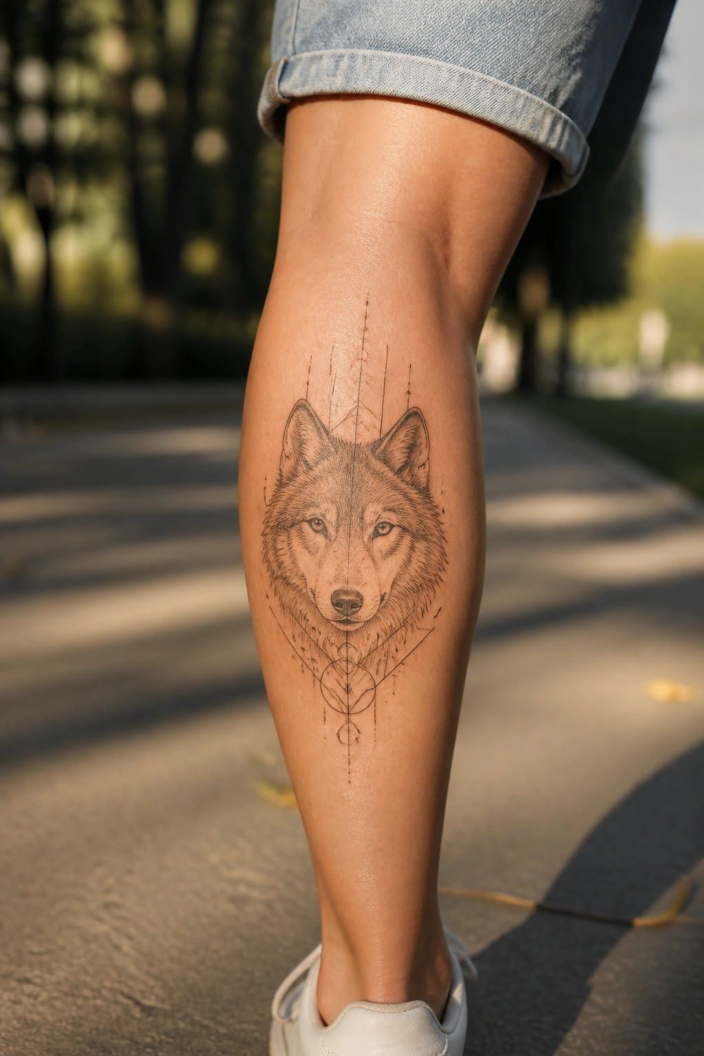 Fine line wolf head tattoo on the shin with geometric line accents above and below the main design.
