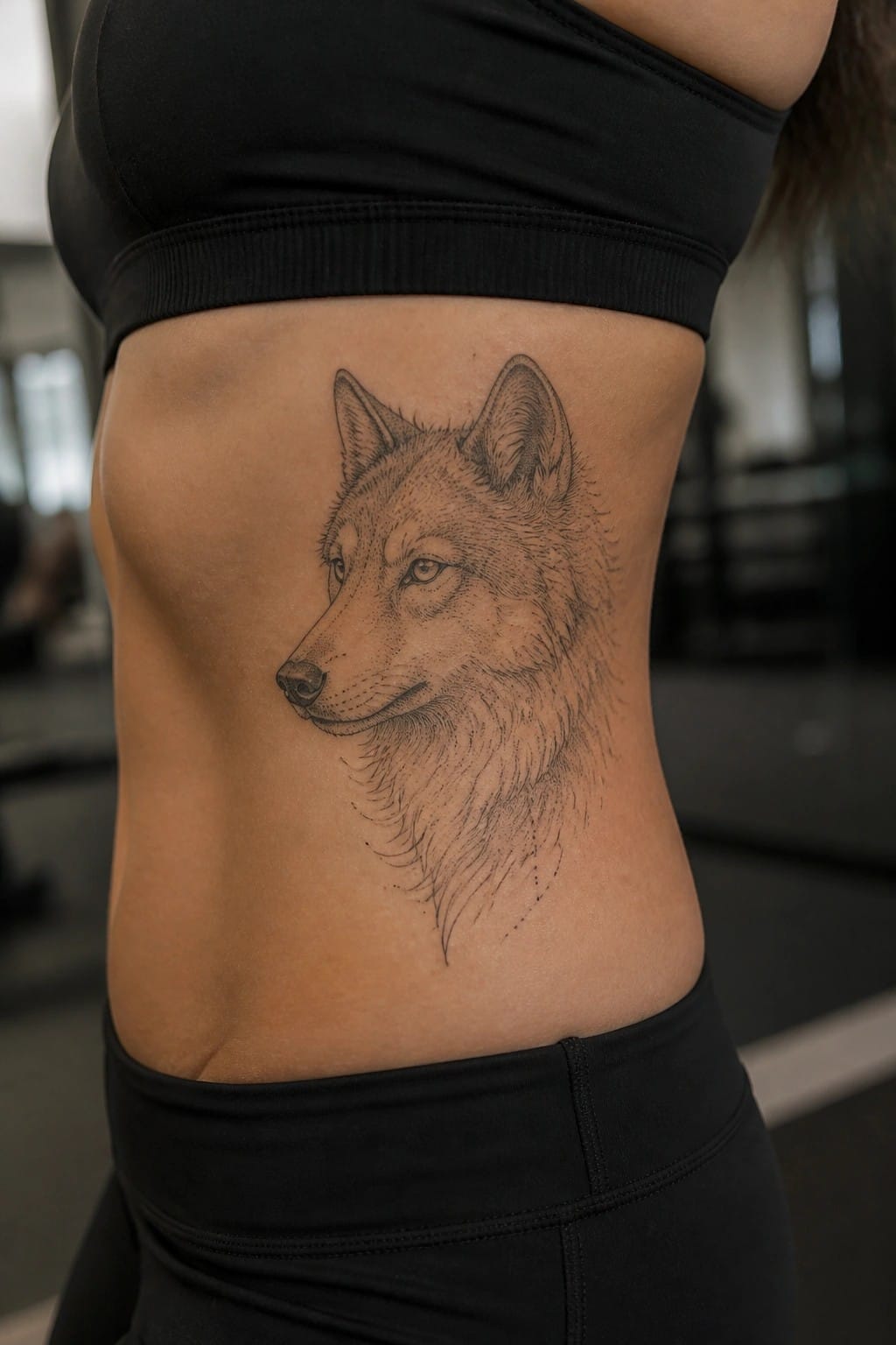 Fine line wolf head tattoo on the side of a woman's torso