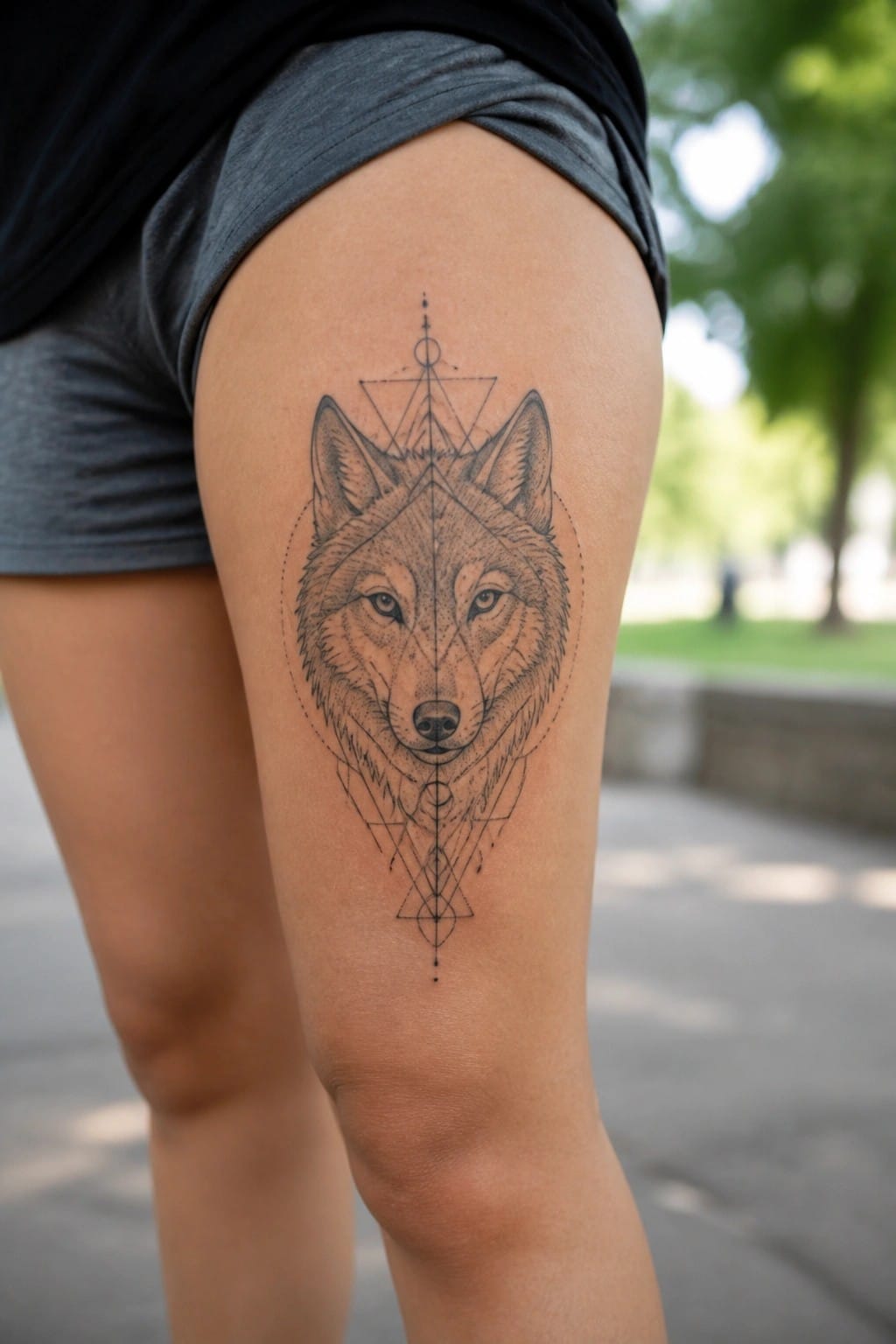 Wolf head tattoo with geometric patterns on person's thigh outdoors