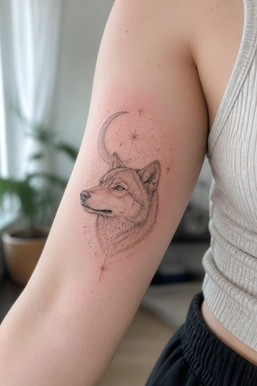 Wolf head tattoo with crescent moon and stars on reddened upper arm in beige tank top