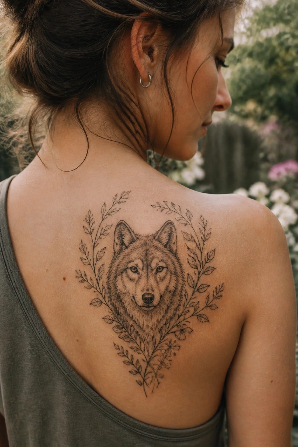 Fine line wolf head tattoo on a woman's upper back, framed by delicate leaves and small flowers in a symmetrical layout.