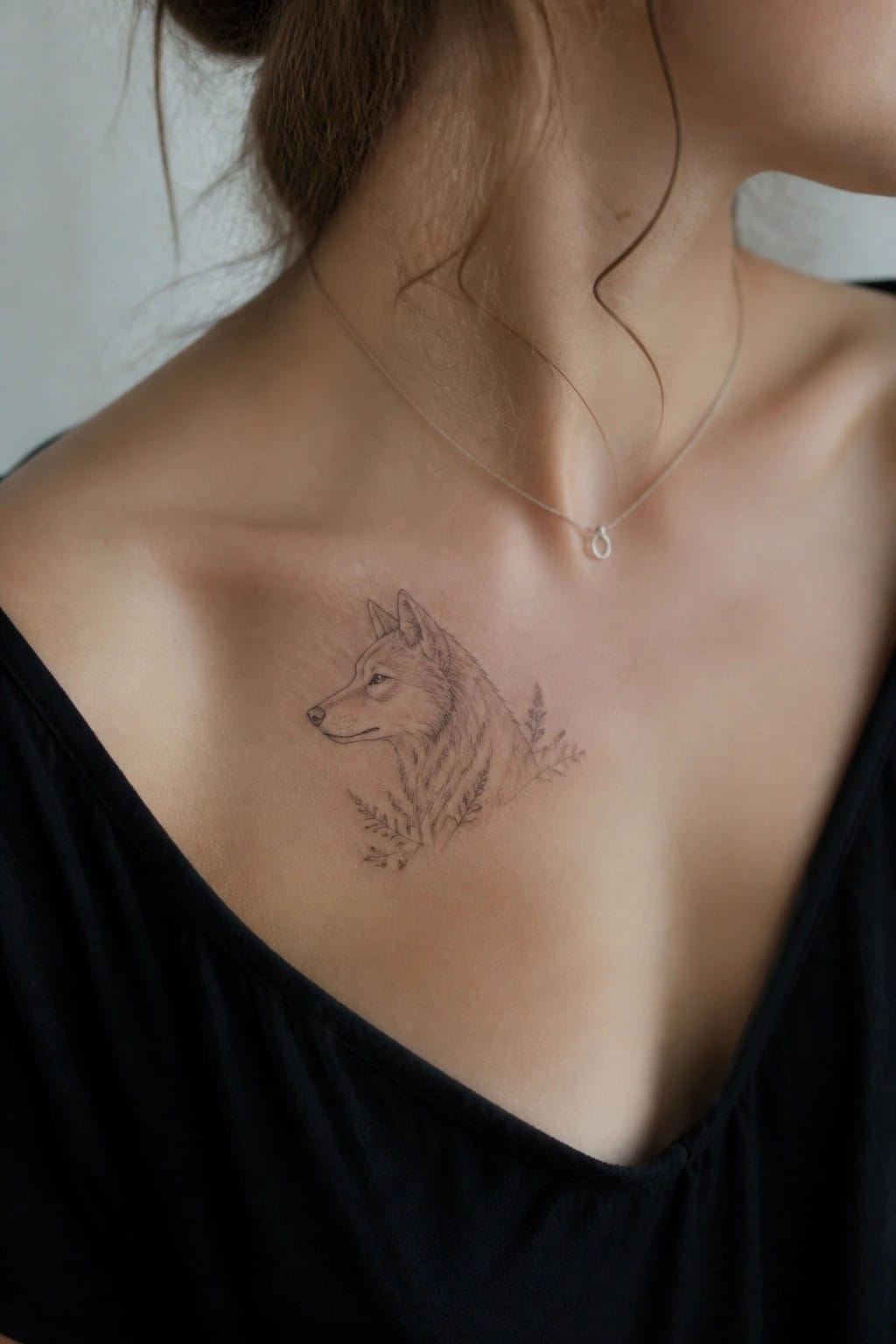 Wolf tattoo with foliage on chest beside thin silver necklace over black top