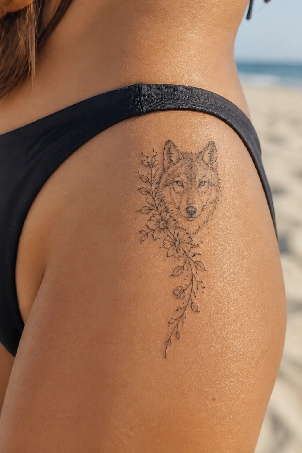Fine line wolf head tattoo with flowers on a woman's upper thigh in a beach setting
