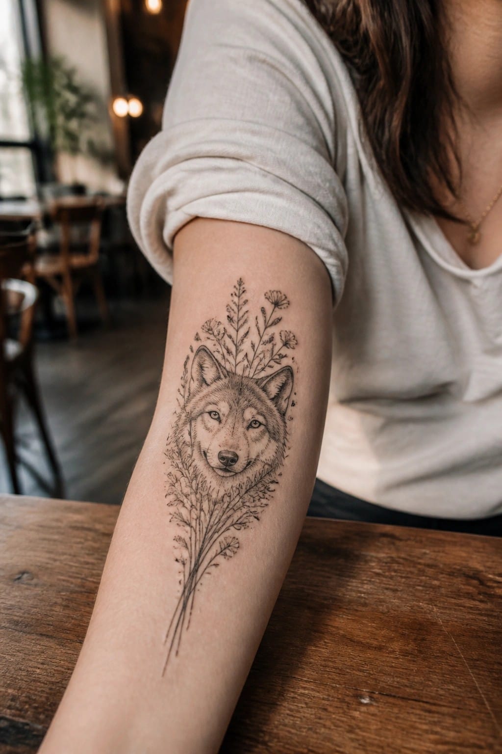 Wolf tattoo with wildflowers on arm in white shirt on wooden table