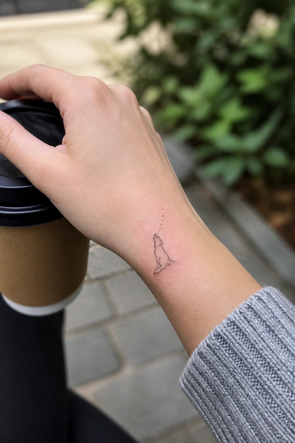 Fine line wolf tattoo on inner wrist with dotted line above the howl