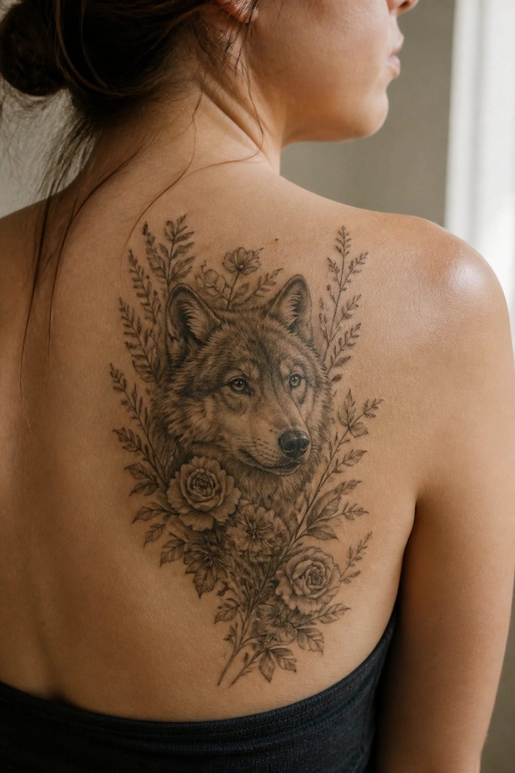 Woman's back with detailed wolf tattoo amid roses and foliage