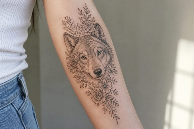 19 Graceful Floral Wolf Tattoo Ideas for Women Featuring Roses, Wildflowers, and Soft Shading Black and gray wolf head tattoo with roses and wildflowers on the inner forearm
