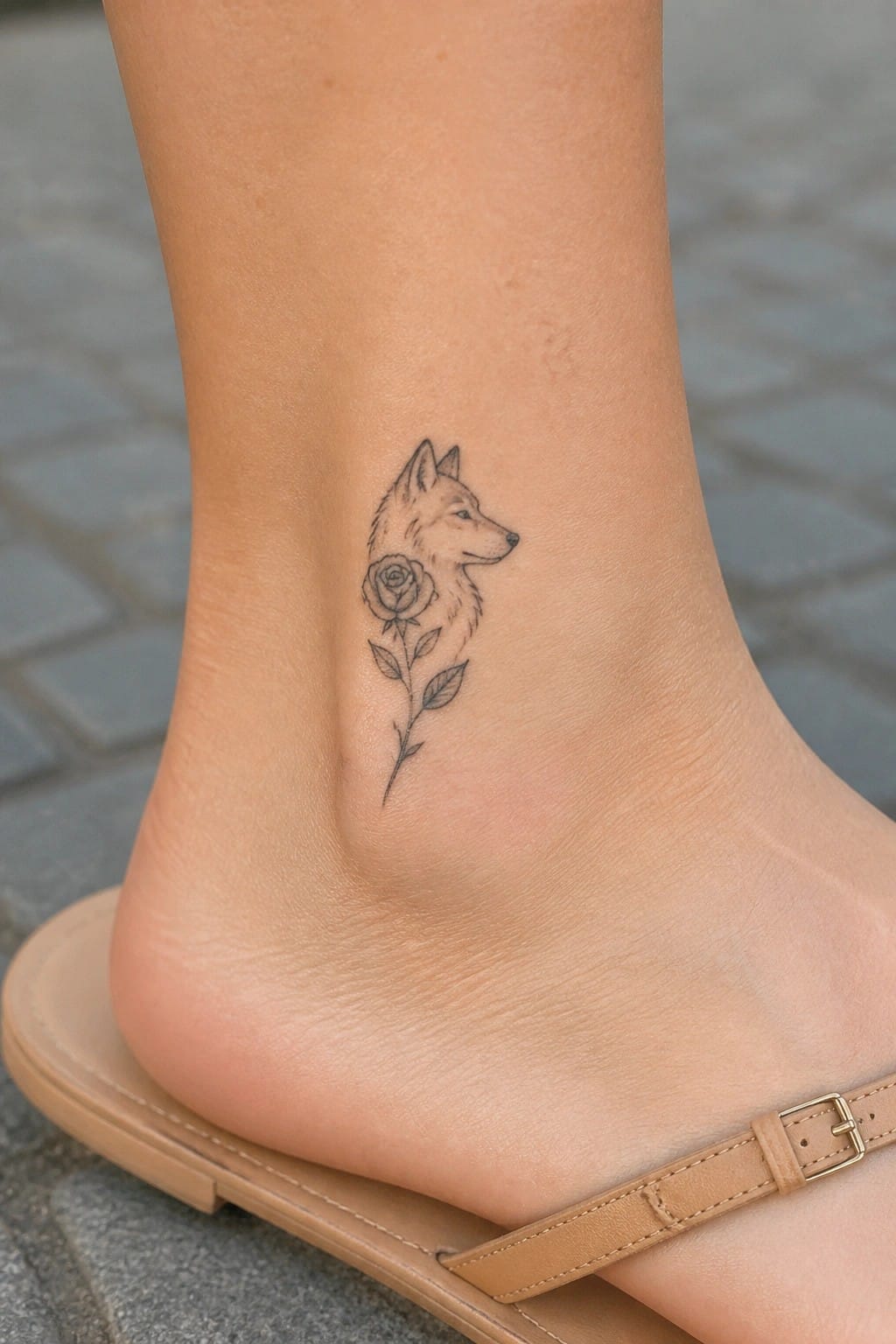 Fine line tattoo of a wolf head above a rose and stem placed on the outer ankle.