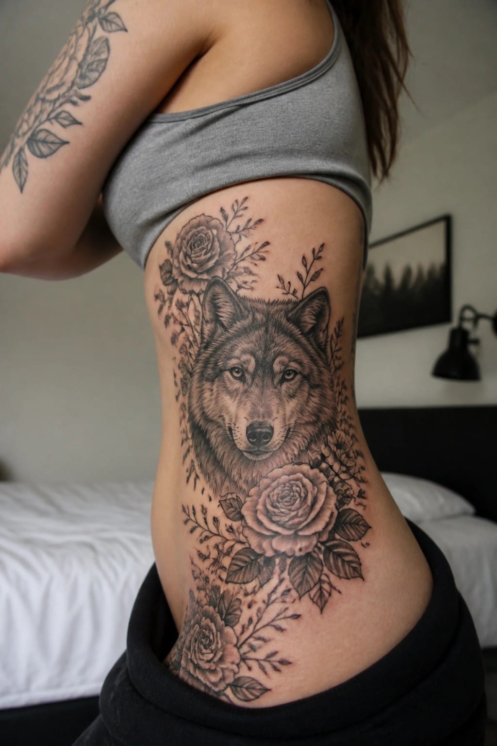 Realistic black and grey wolf face tattoo with roses on a woman's side torso