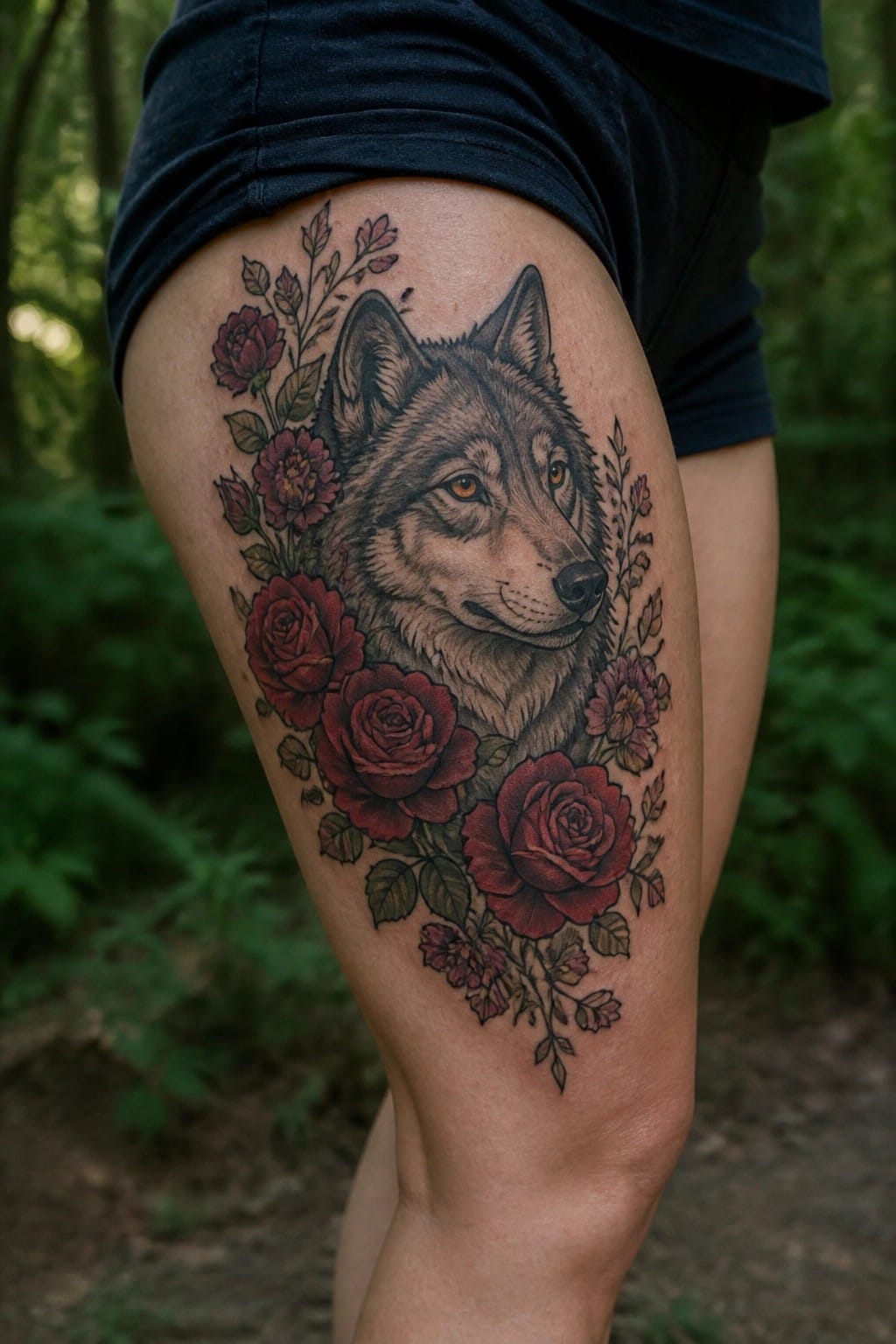 Realistic wolf head tattoo on the upper thigh surrounded by red roses and small flowers with soft shading.