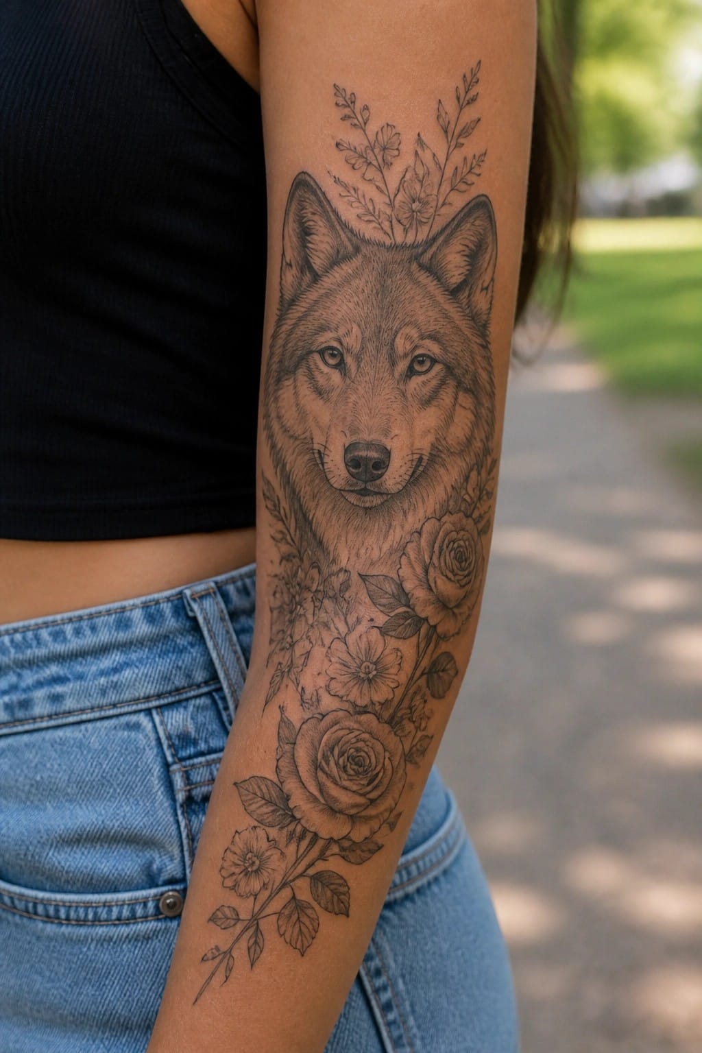 Woman's arm with detailed wolf tattoo, roses, flowers, black top and jeans outdoors
