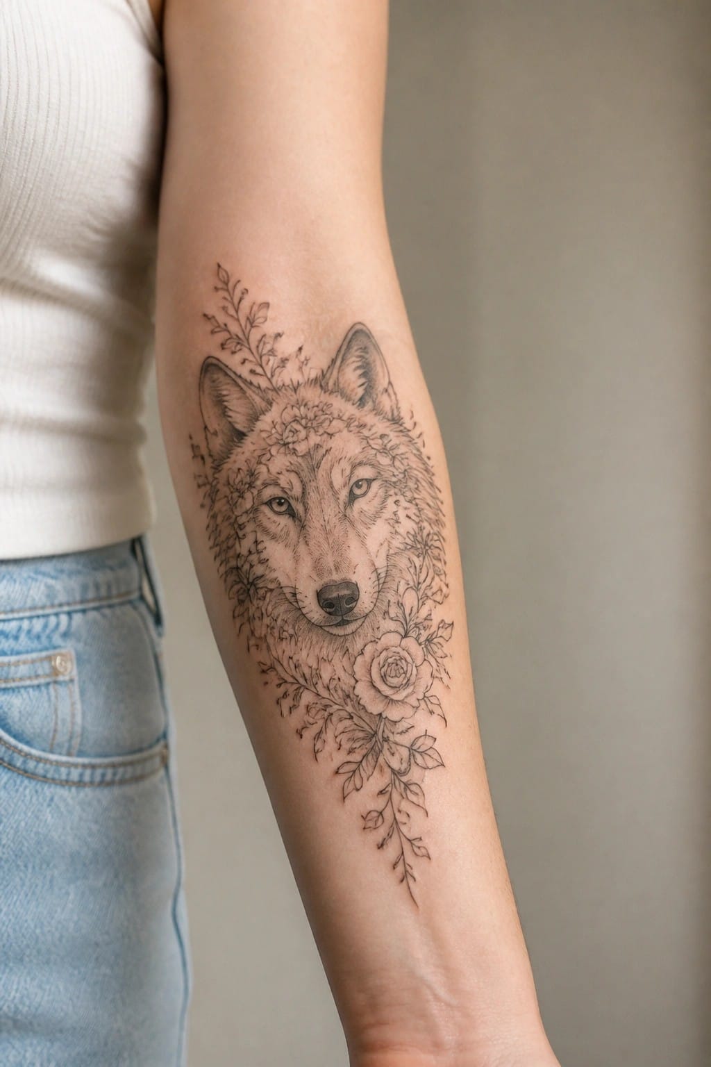 Black and gray wolf head tattoo with roses and wildflowers on the inner forearm