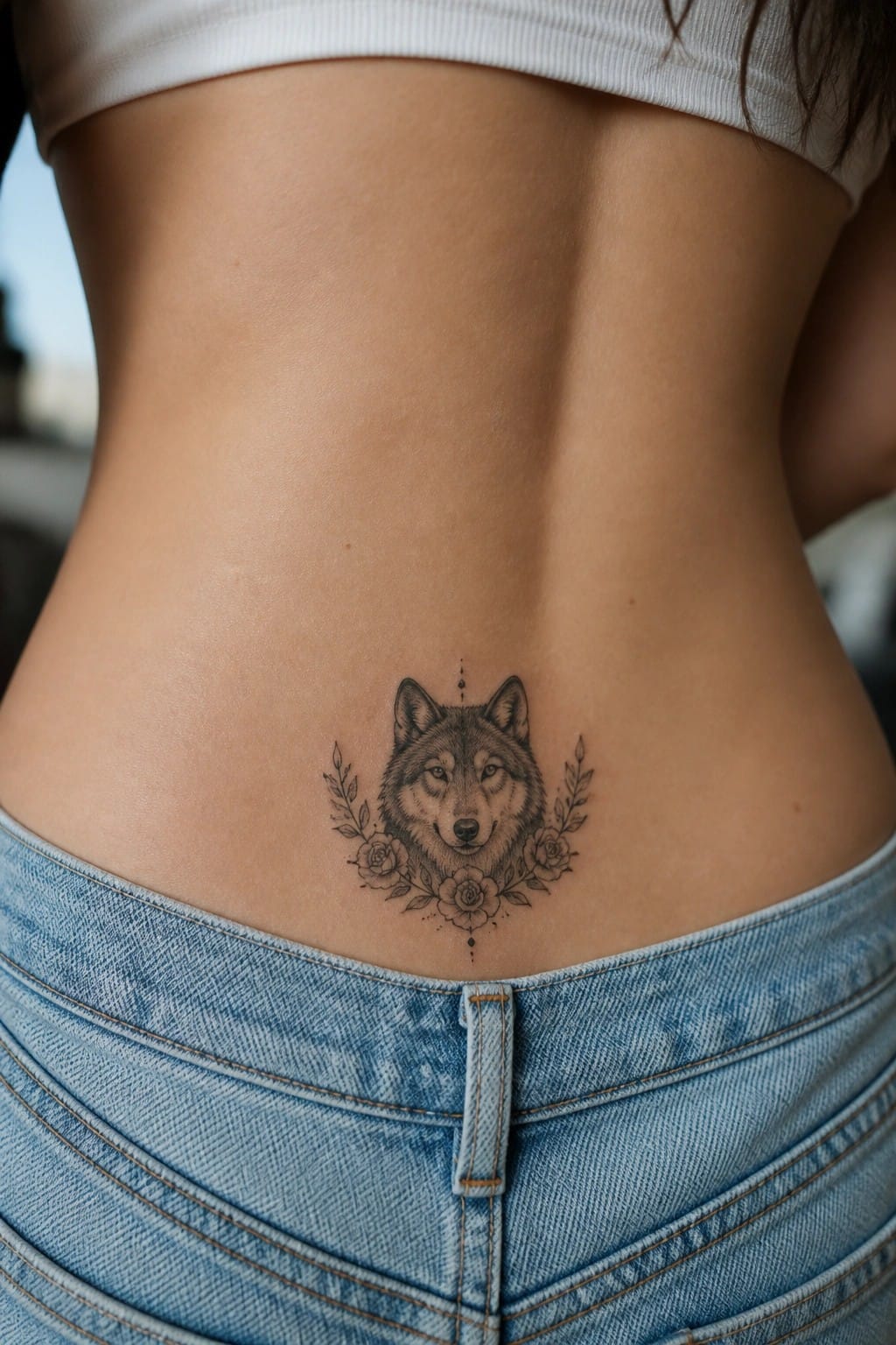 Wolf head tattoo with roses on lower back above blue jeans