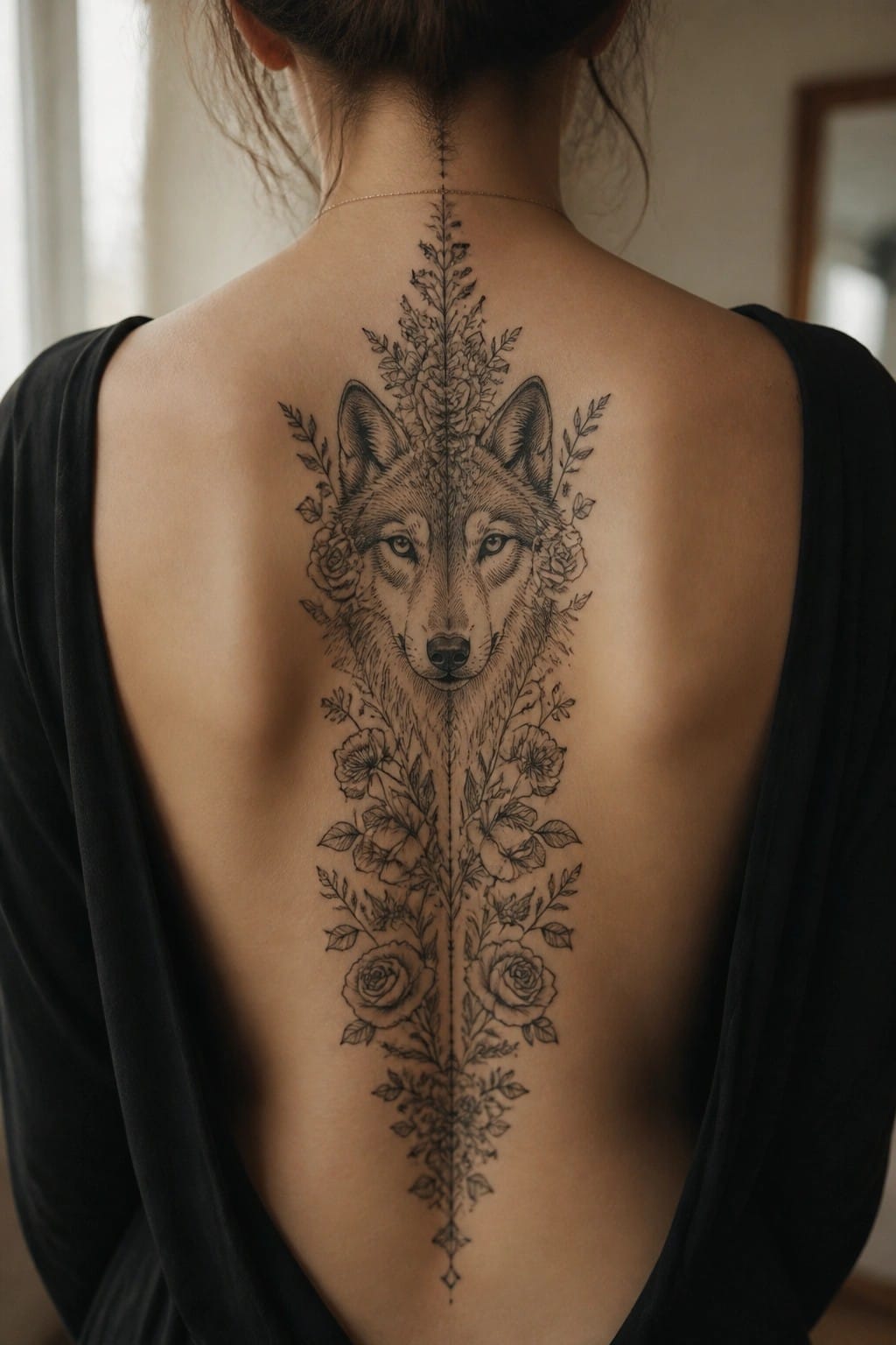 Black and grey tattoo of a wolf head with roses and wildflowers arranged vertically along a woman's spine.