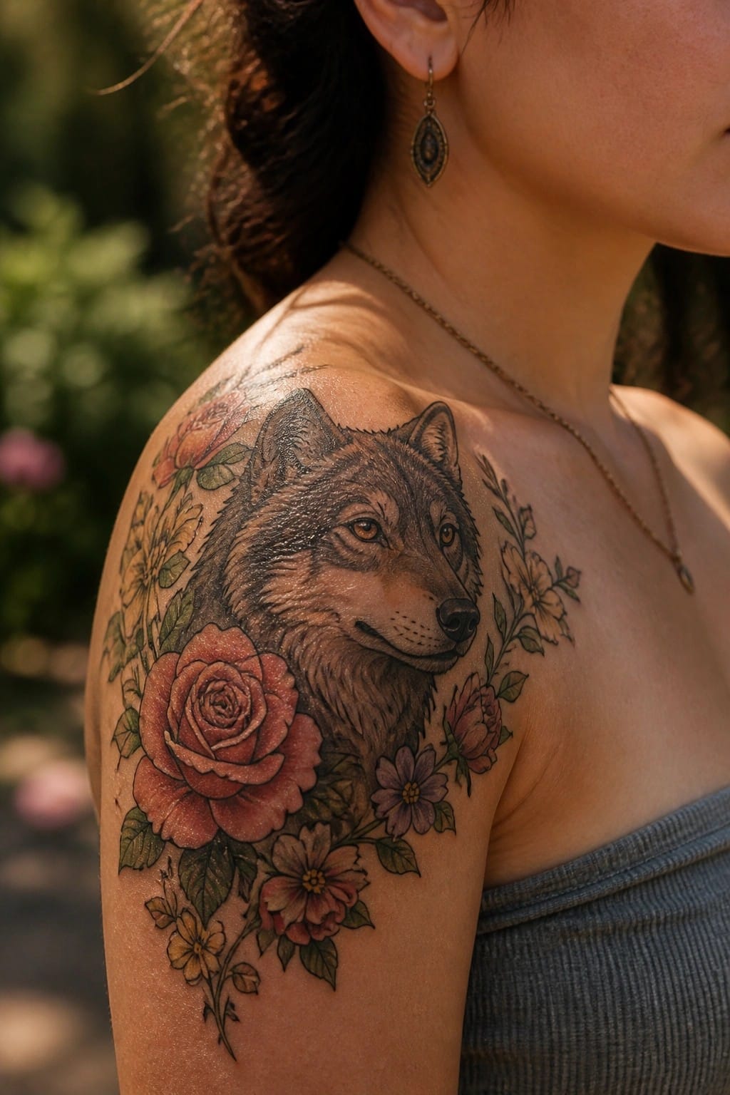 Wolf head tattoo with colorful roses and flowers on shoulder above gray top